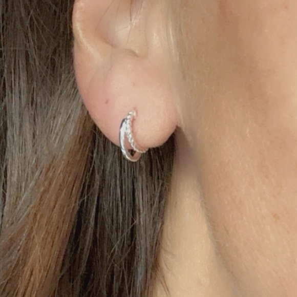 Sterling Silver Double Hoop Smooth and Twist Tiny Huggy Earrings - Picture 11 of 13